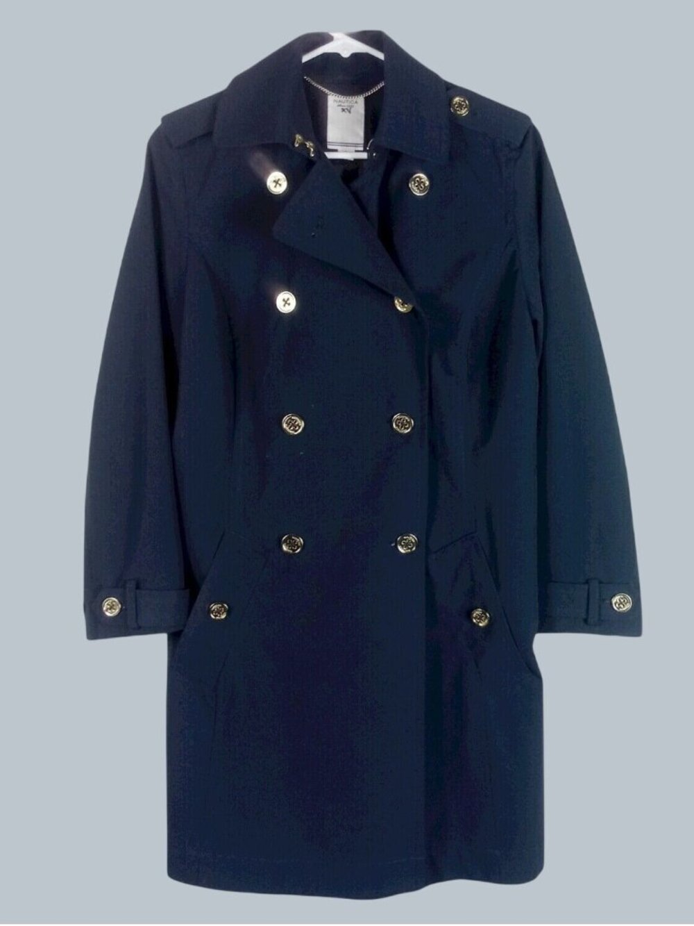 Nautica Double Breasted Trench Coat Womens Small Navy Blue Office Travel